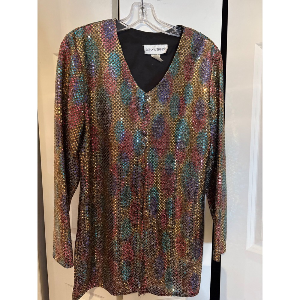 Betsy's Things Vintage Sequin Jacket Gold & Multi-Color Button Front Size 10 Mad